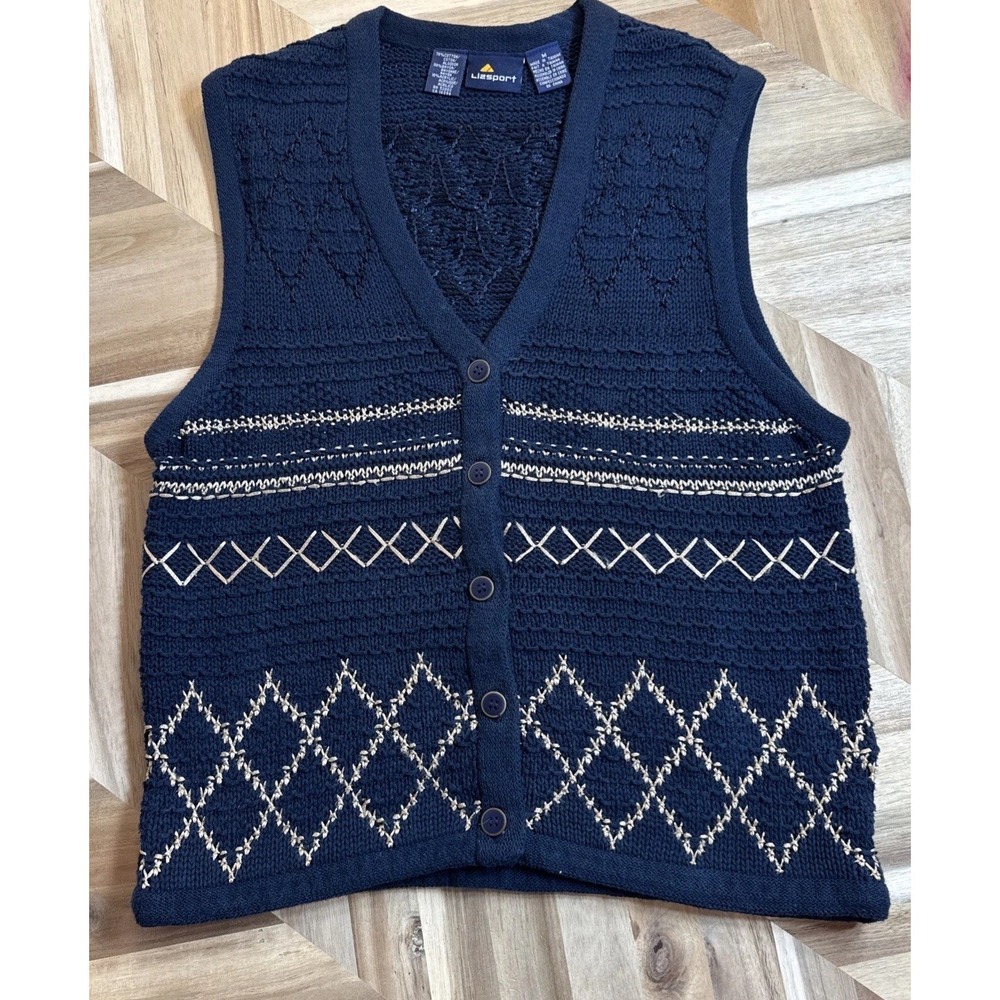 Liz Sport‎ V-Neck Sweater Vest Cardigan Women M Blue Geo Print Preppy Nautical